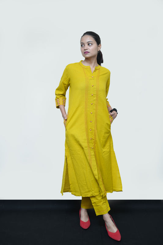 Mustard Yellow Embroidered Kurti Set with Pants – Elegant Everyday Style