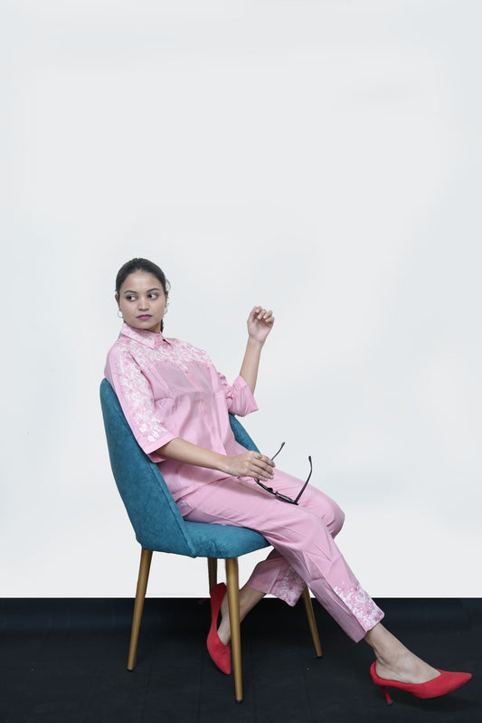 Blush Bloom Embroidered Co-ord Set – Pink Elegance