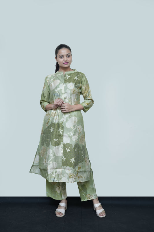 Olive Green Printed Kurti Set with Pants – Elegant Ethnic Style
