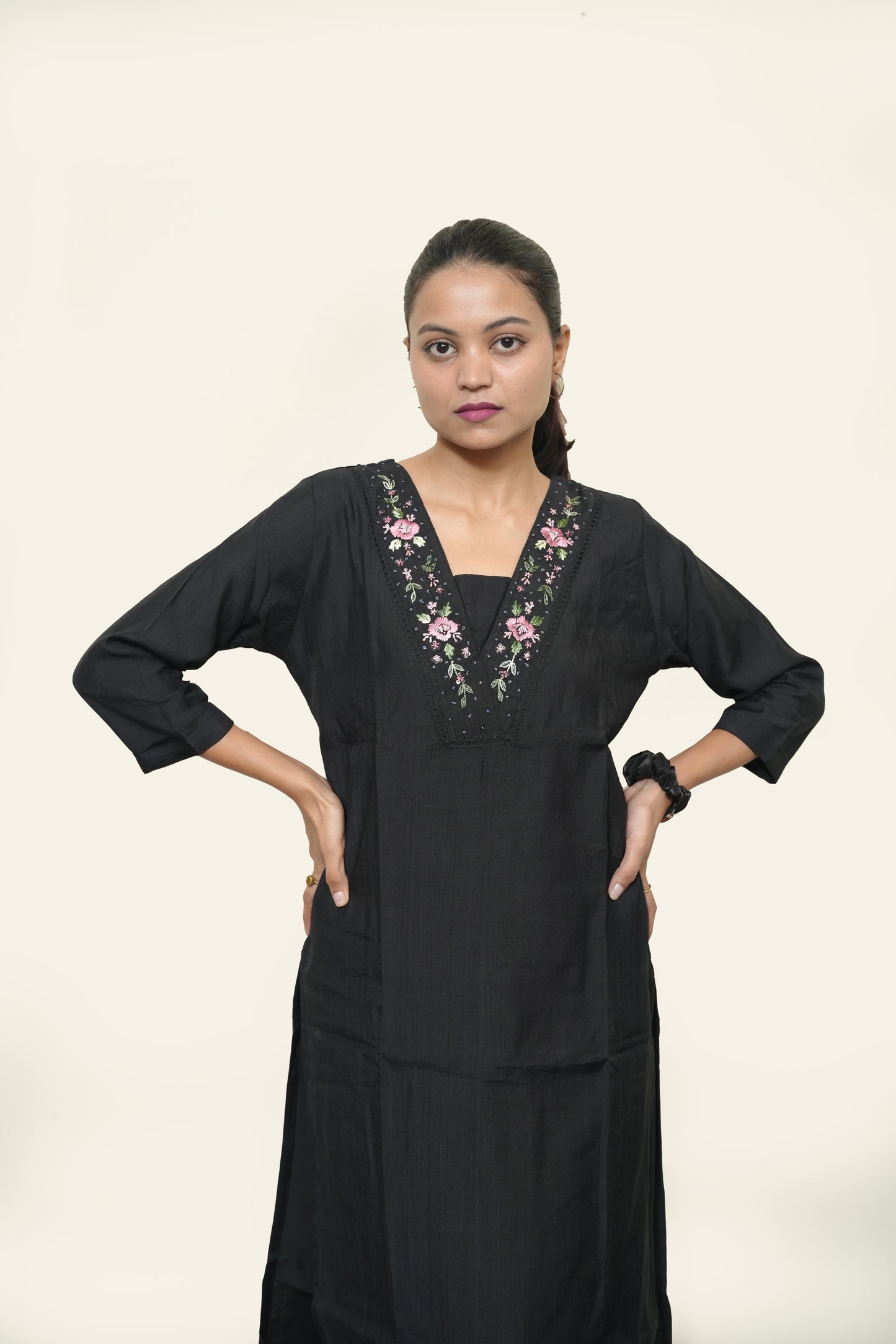 Black Kurti Set with Floral Embroidery Neckline