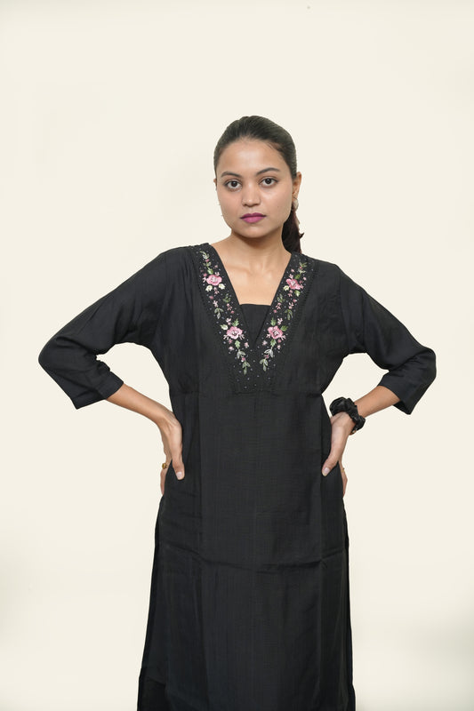 Black Kurti Set with Floral Embroidery Neckline