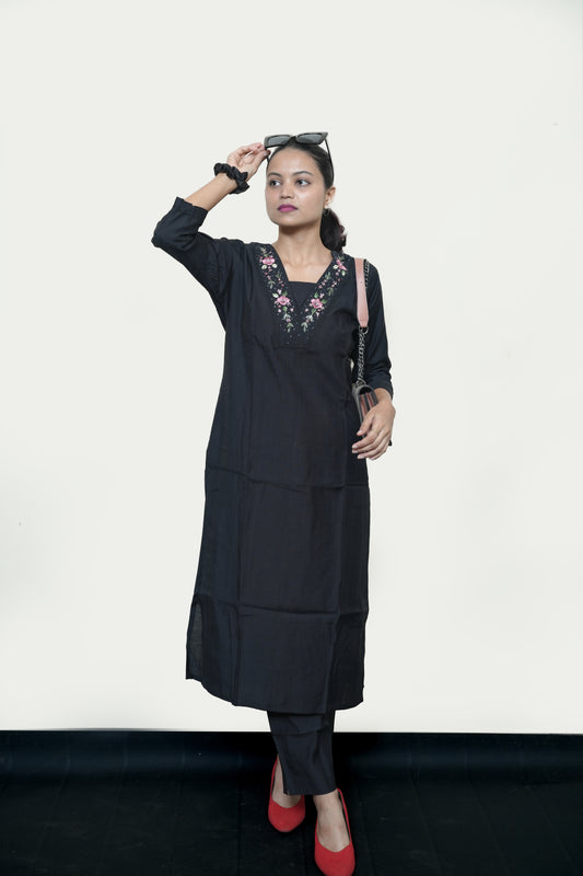 Black Kurti Set with Floral Embroidery Neckline