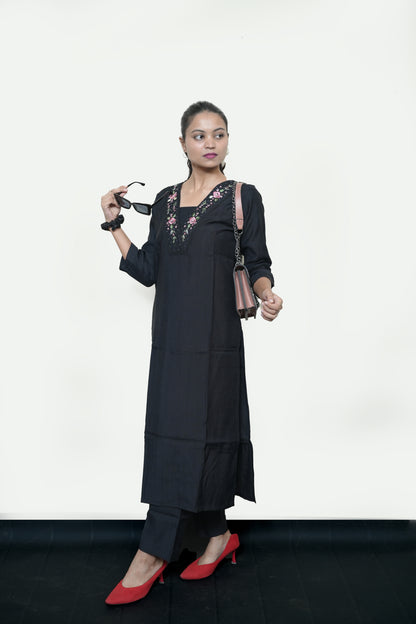 Black Kurti Set with Floral Embroidery Neckline