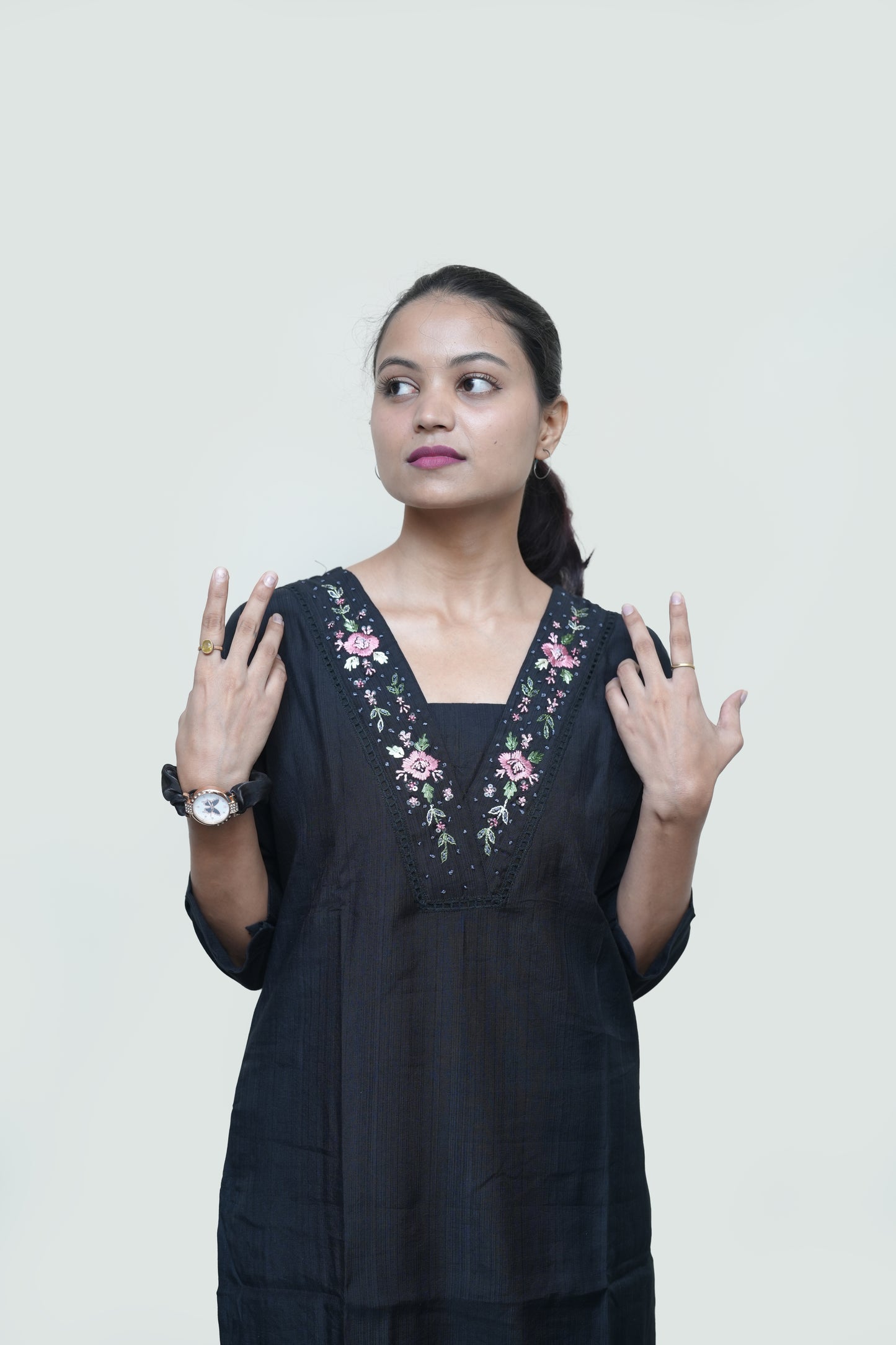 Black Kurti Set with Floral Embroidery Neckline