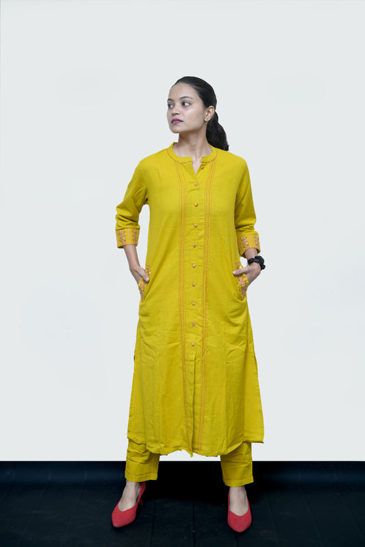 Mustard Yellow Embroidered Kurti Set with Pants – Elegant Everyday Style