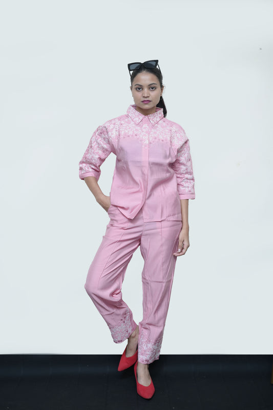 Blush Bloom Embroidered Co-ord Set – Pink Elegance