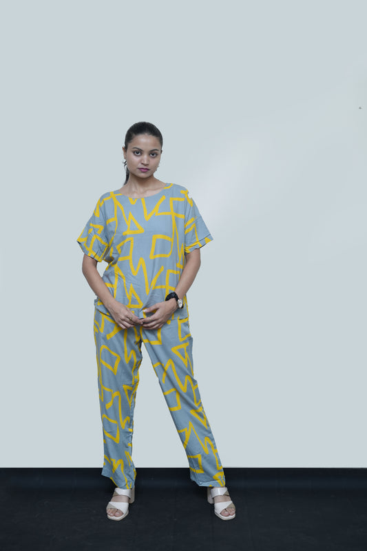 GeoPop Co-ord Set – Chic Grey & Yellow Lounge Wear