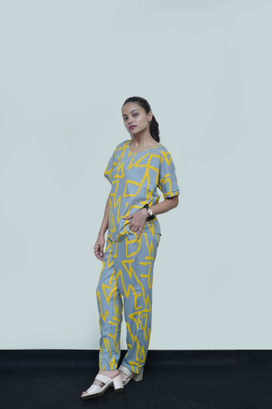 GeoPop Co-ord Set – Chic Grey & Yellow Lounge Wear