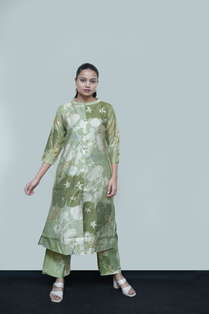Olive Green Printed Kurti Set with Pants – Elegant Ethnic Style