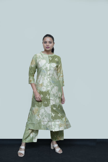 Olive Green Printed Kurti Set with Pants – Elegant Ethnic Style